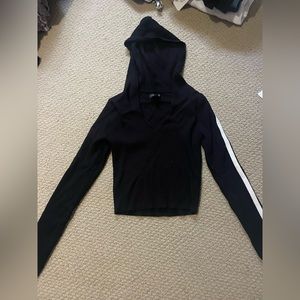 Black Cropped Fitted Hoodie with red and white stripes down arms